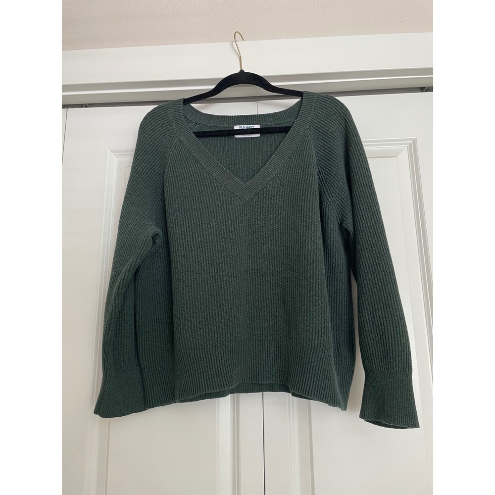 Old Navy Sweater V Neck Ribbed Knit Forest Green Raglan Sleeve Cozy Fall Size L